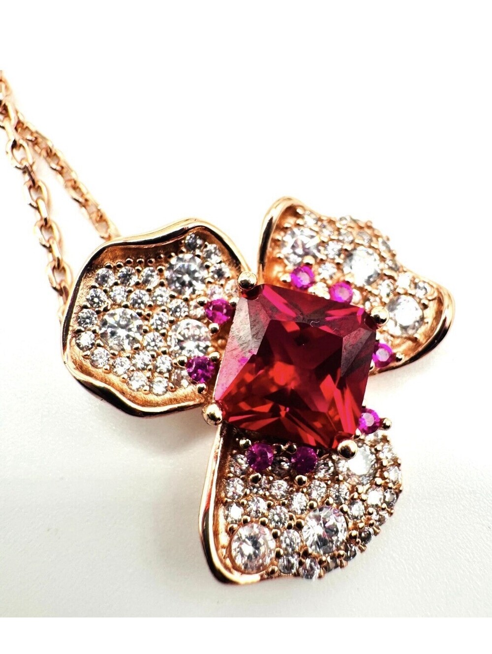 1 Ct Red Moissanite Flower Pendant Necklace Rose Gold Tone Pave CZ 16”